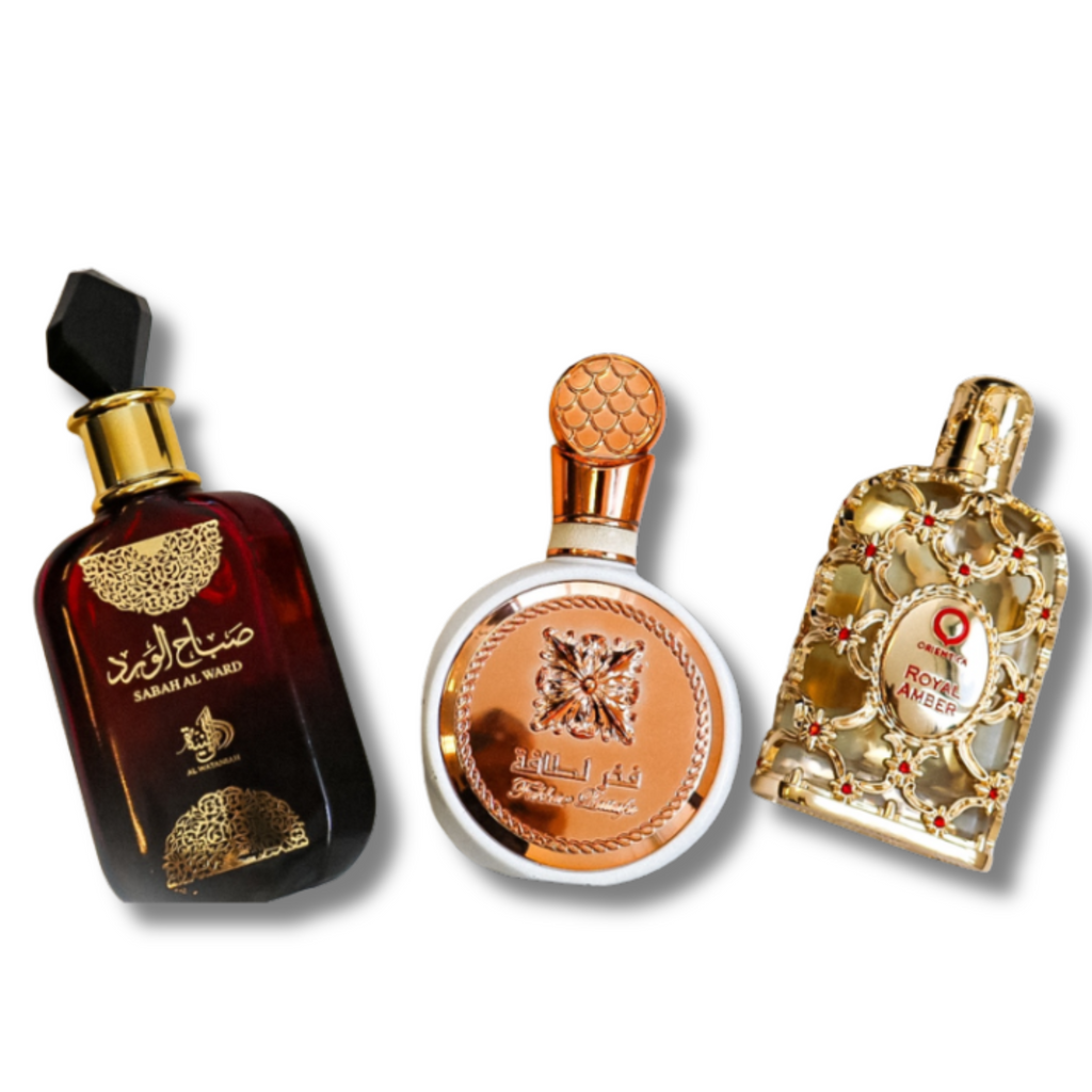 PACK DE 3 PERFUMES: SABAH AL WARD 100 ML, FAKHAR 100 ML, ROYAL AMBER 100 ML